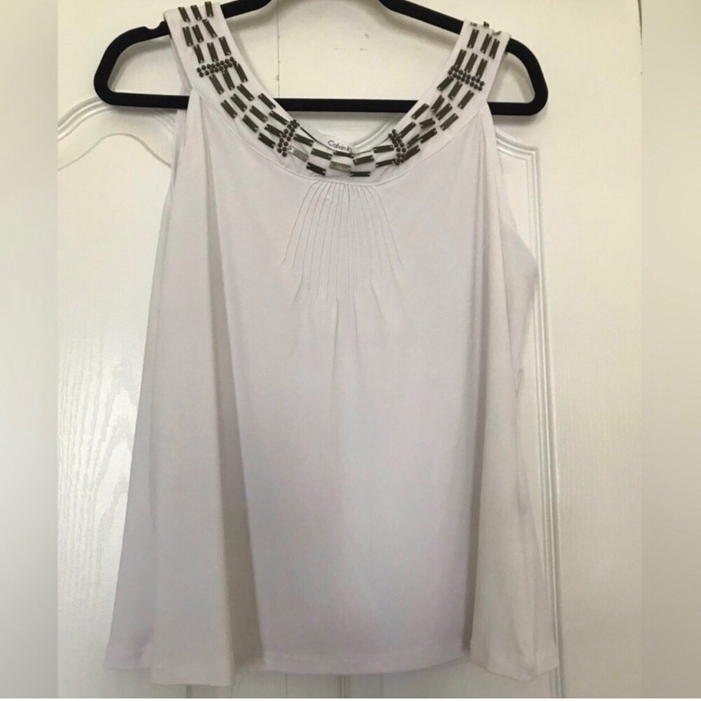 Calvin Klein White Embellished Neck Sleeveless Top